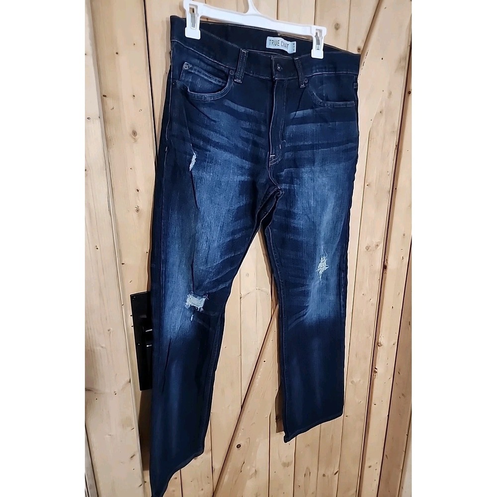 True Craft Men's Straight Leg Jeans 34x3o Blue Wash Distressed Knees EUC